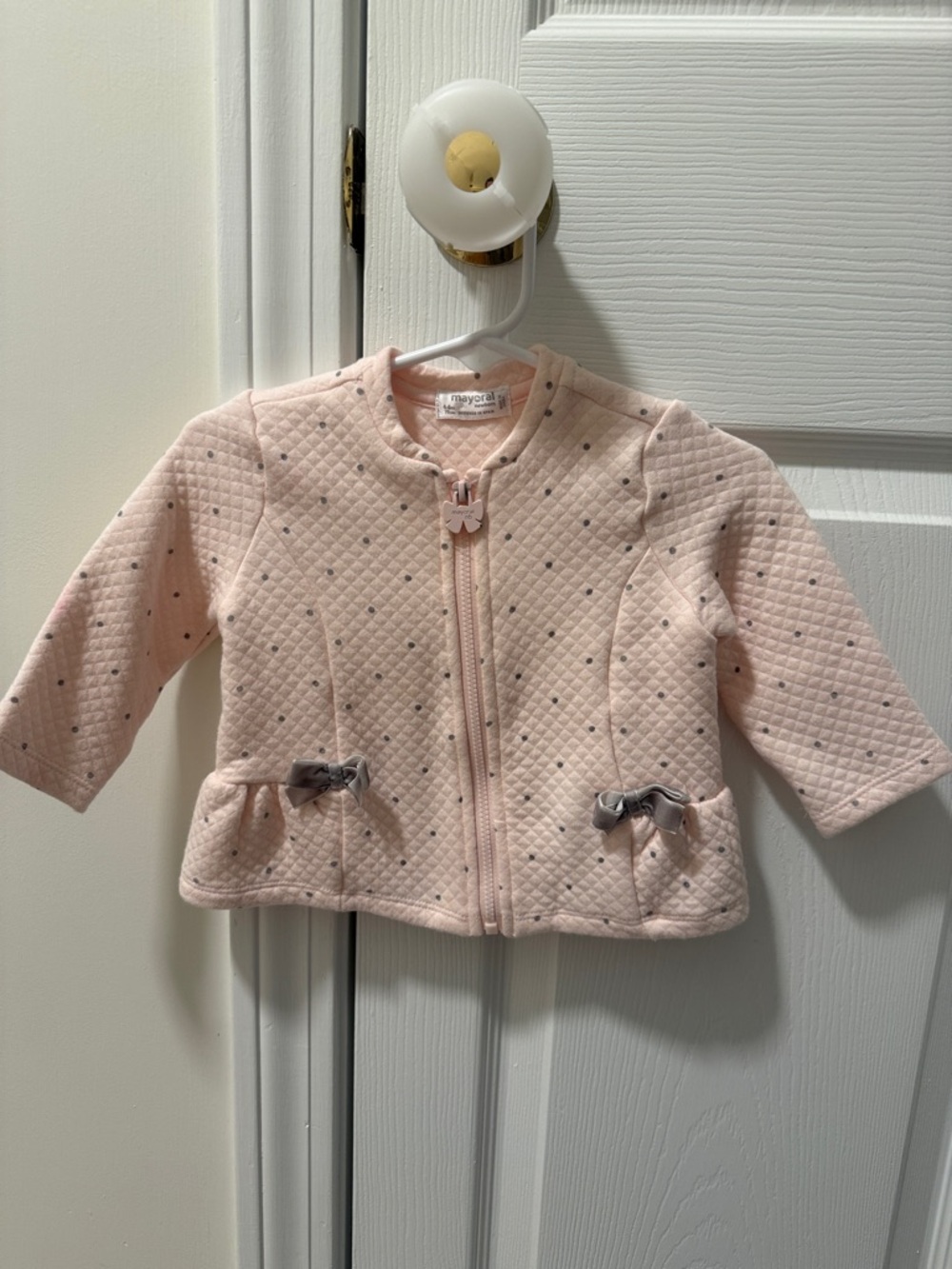 Mayoral Light Pink Quilted Baby zip up with Gray Bow Accents